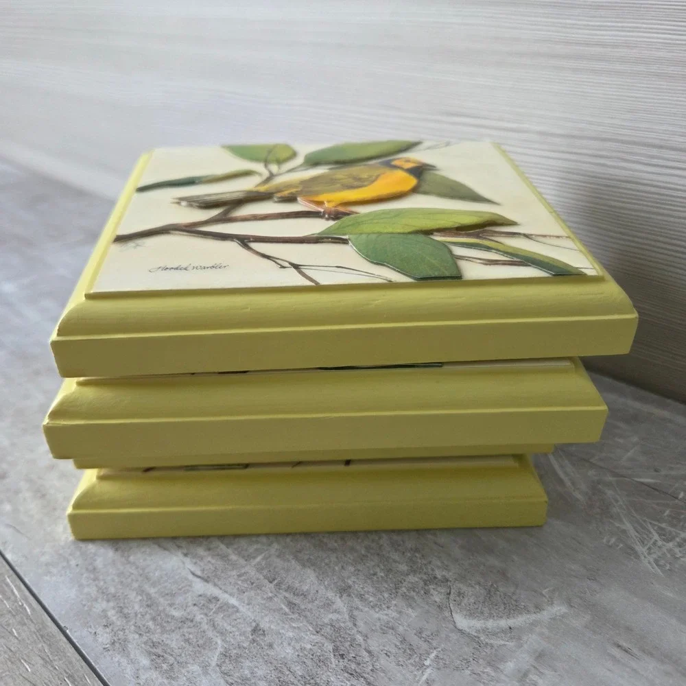 Vintage 1973‎ 3D Paper Tole Bird Wall Art Set 4 Wood Plaques Yellow Cottagecore